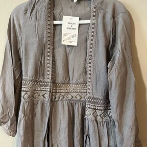 Stone Gray Embroidered Boho Top - NWT